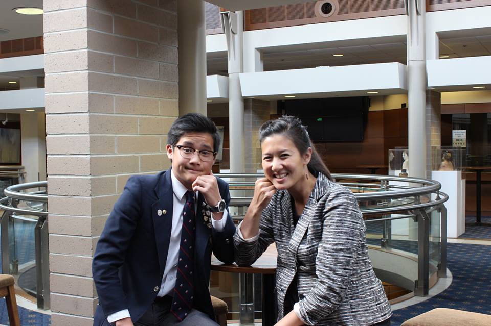 Aidan Chan catching up with Junior School teacher Ms. Karyn Roberts.