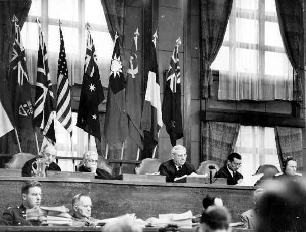 Judges of Tribunal are composed of Allied  powers;  the above flags indicate the countries of participation: from the left are Canada, United Kingdom, United States, Australia, Republic of China, Soviet Union, France and New Zealand