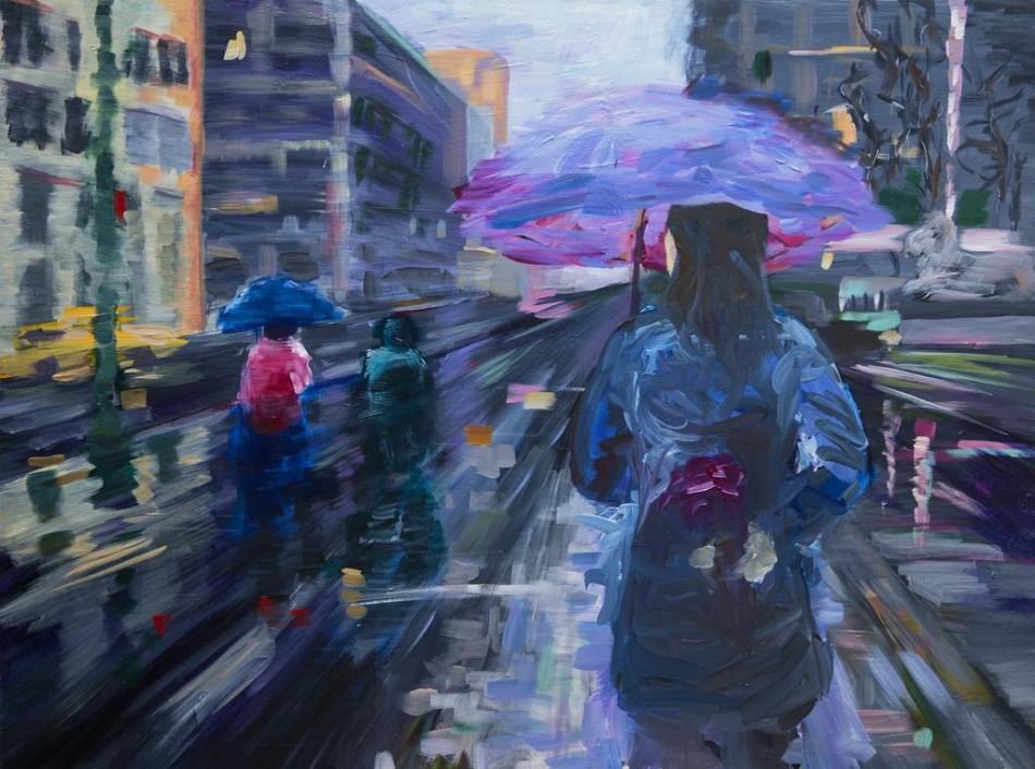 Acrylic on canvas.  A rainy day in the busy city.