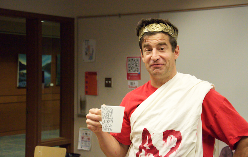 Mr. Roberts dresses up this year as Julius Caesar on Halloween (2014).