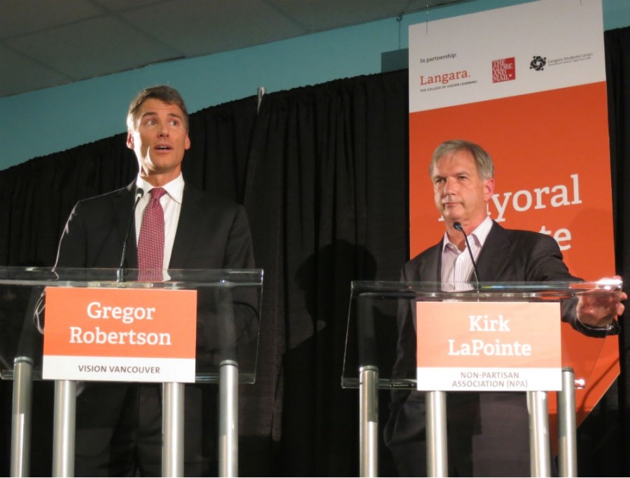 Gregor Robertson (left) and Kirk LaPointe at one of the heated mayoral debates.