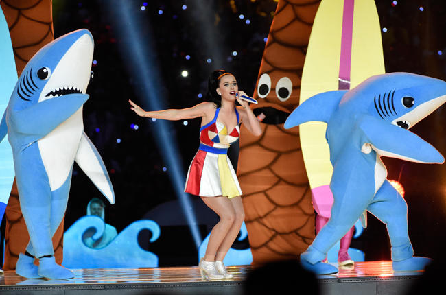 Katy Perry singing in her Super Bowl half time show. 