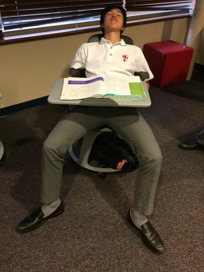 Ryan Chang (Grade 10) falls asleep in psychology class after lunch. 