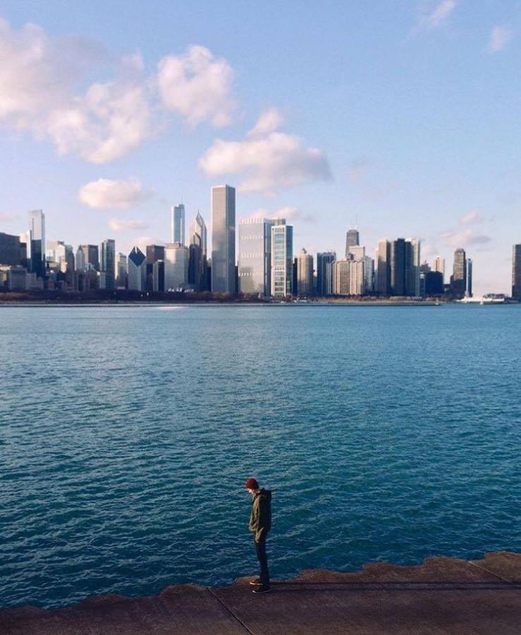 The river and skyline, with Grade 12 Jake Hauser in the foreground 