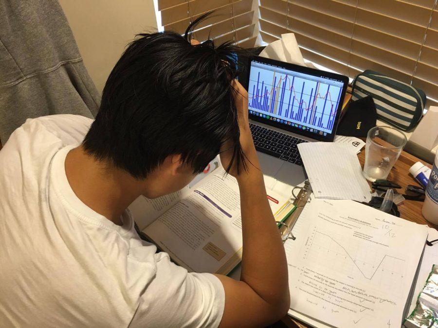 Jim Lin(11) studying hard for exams.
