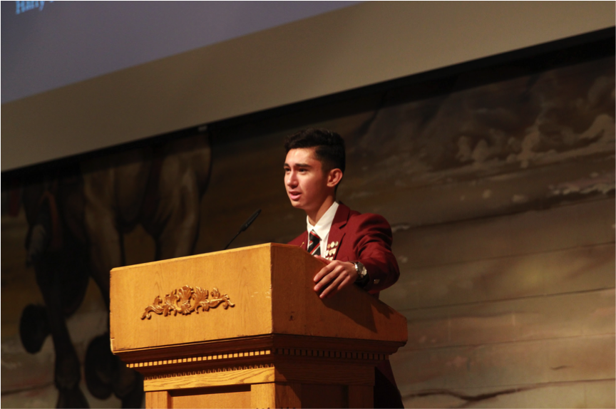Head Boy Xavi Delgado delivering his first speech of the year.