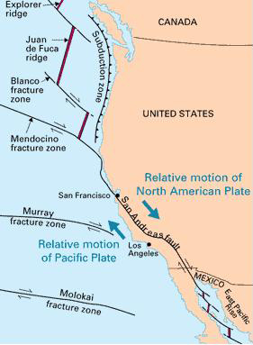 Map displaying the San Andreas and Cascadia faults.