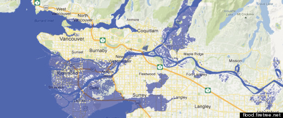 A four-metre rise in sea water level will put Richmond, Delta, Pitt Meadows and part of Surrey in jeopardy. (flood.firetree.net)