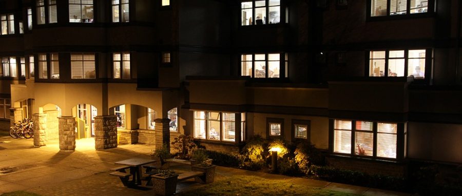 Harker Hall on the outside during night time