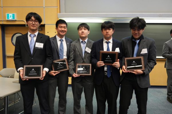 From left to right: Devin Yue, Derek Li, Gabriel Kong, Daniel Cao, and William Hou posing together after winning 2nd place