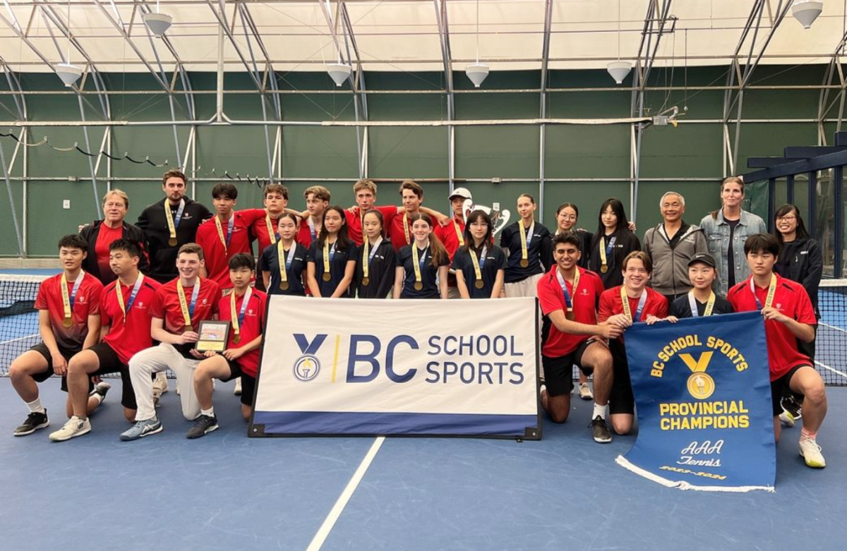 The St. Georges/Crofton House Tennis Team poses with their championship trophy and banner