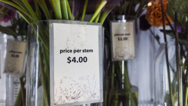 A price tag displayed in the floral section at Stong’s Market in Dunbar.
